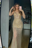 Mermaid Deep V Neck Golden Long Prom Dress with Backless