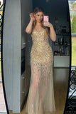 Mermaid Deep V Neck Golden Long Prom Dress with Backless