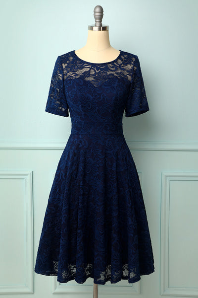 Navy Round Neck A Line Short Sleeves Lace Bridesmaid Party Dress – ZAPAKA