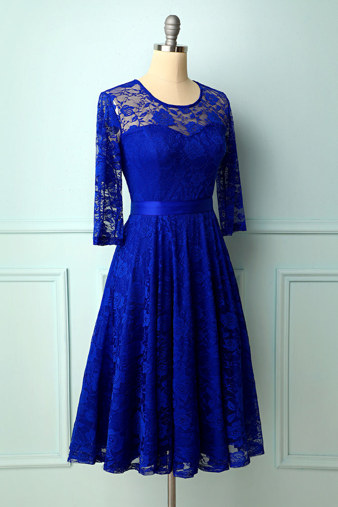 Royal Blue A Line Round Neck Midi Lace Semi Formal Party Dress With ...