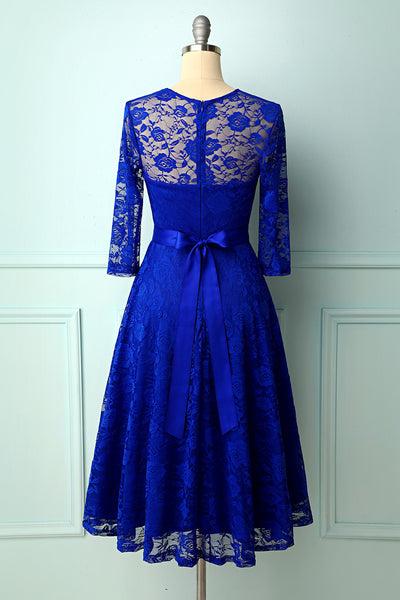 Royal Blue A Line Round Neck Midi Lace Semi Formal Party Dress With ...