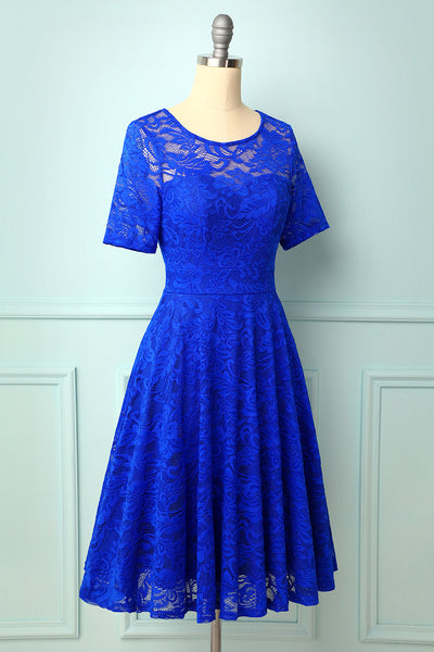 Royal Blue Round Neck A Line Short Sleeves Lace Bridesmaid Party Dress ...