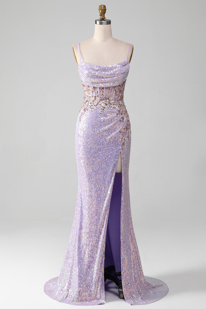 Gorgeous Spaghetti Strap Rhinestones Satin Mermaid Dress Lilac