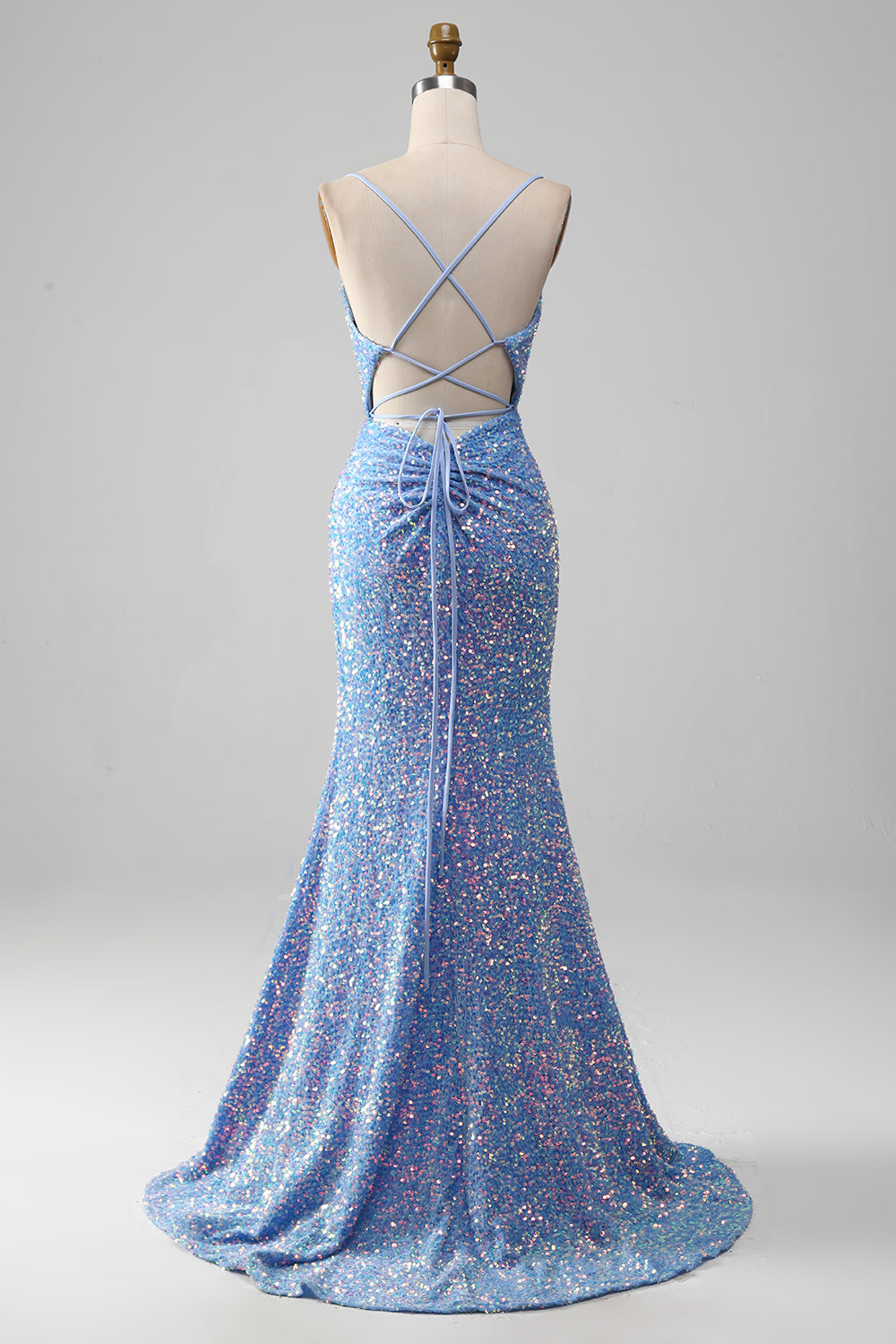 Zapaka Women Sparkly Blue Corset Long Prom Dress with Slit