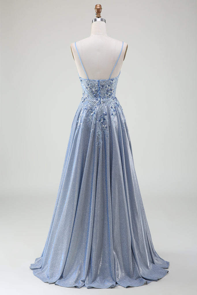 Glitter Strapless Sequins Slit Evening Dress Blue Prom Party Gown Y8171 main image 0