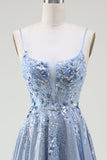Glitter A-Line Spaghetti Straps Grey Blue Prom Dress