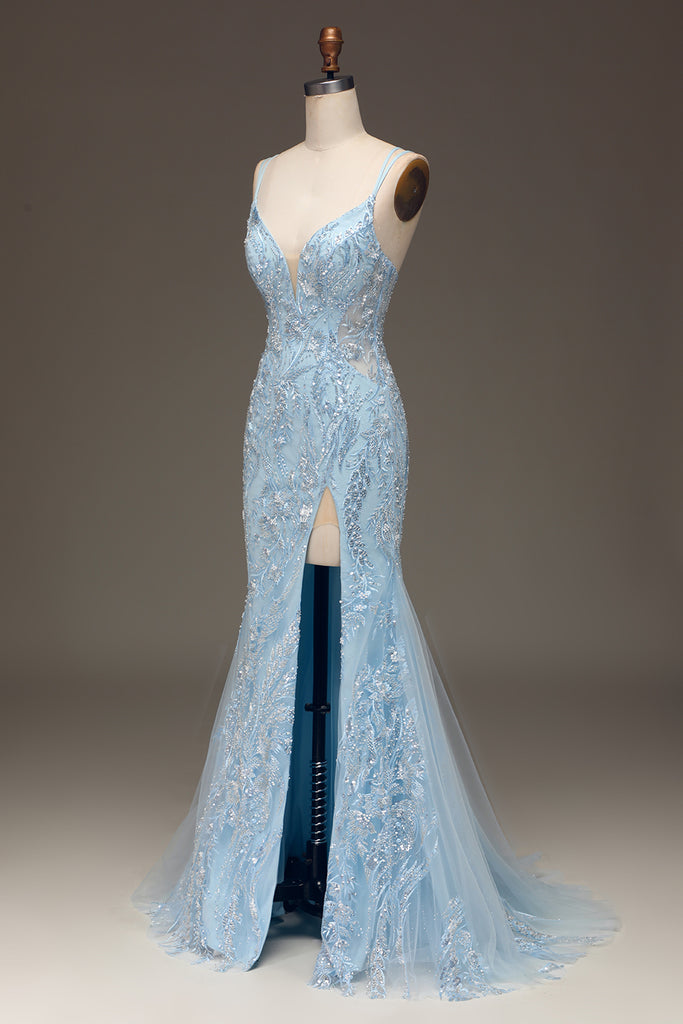 Sexy Blue Spaghetti Straps Appliques Mermaid Slit Evening Dress Prom Dress Y7827 main image 1
