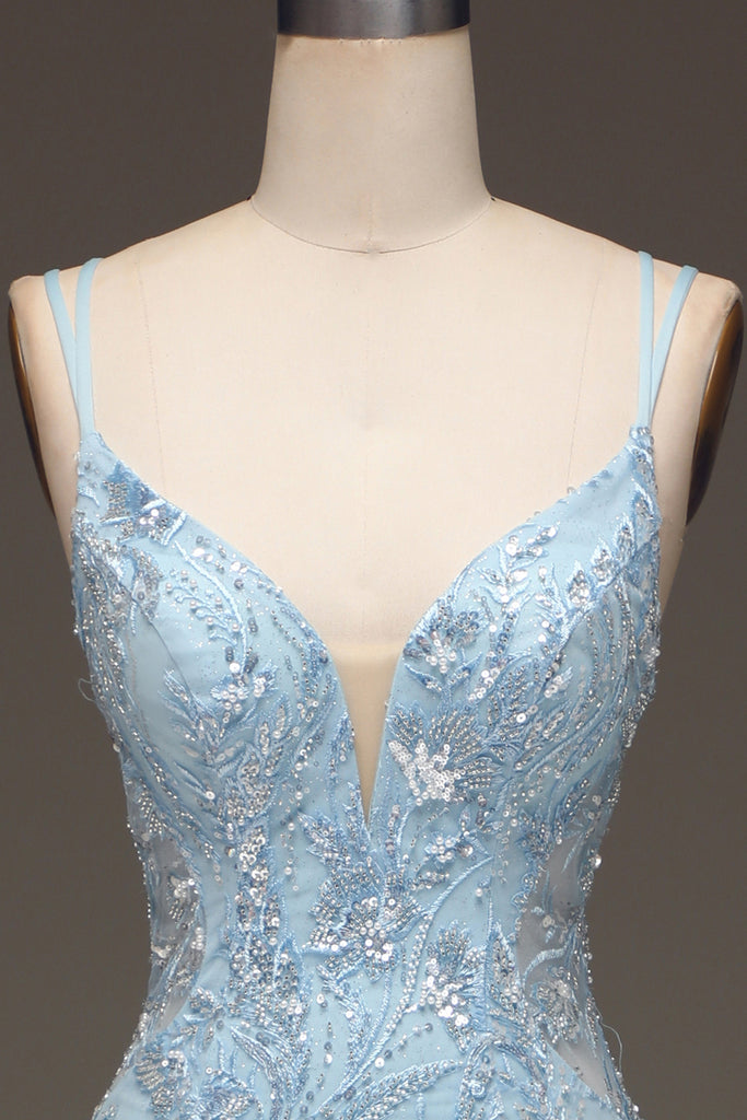 ZAPAKA Women Sparkly Blue Long Prom Dress with Slit Mermaid Spaghetti