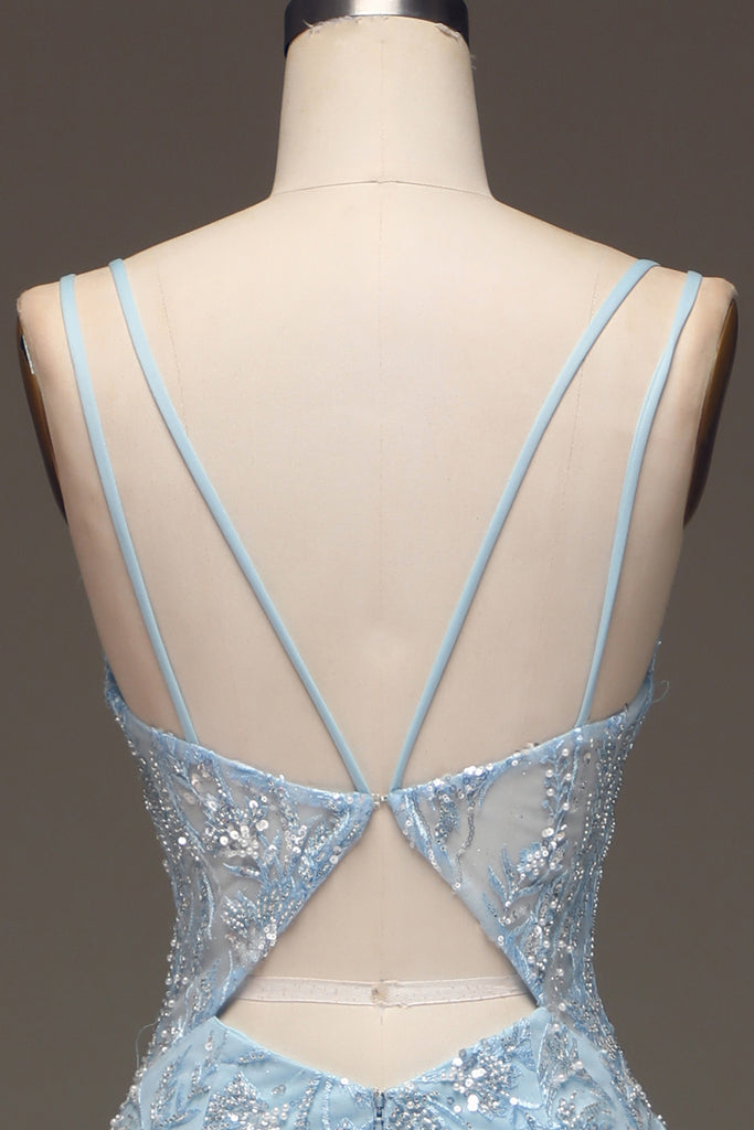 Sparkly Spaghetti Straps Sky Blue V Neck Tulle Sequin Beaded Homecoming Dress 20th Birthday Outfits Y9207 main image 1