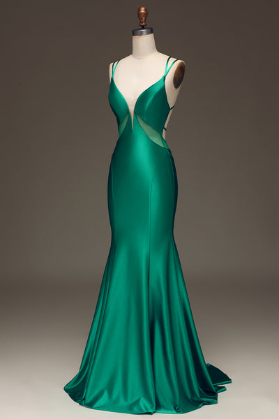ZAPAKA Women Formal Dress Green Deep V-neck Satin Mermaid Prom Dress ...