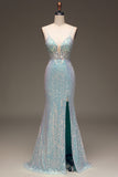 Sparkly Mermaid Grey Blue Prom Dress with Slit