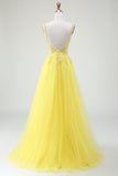 Tulle Beaded Yellow Corset Prom Dress with Slit