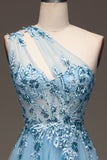 Light Blue A-Line One Shoulder Sequin Prom Dress with Appliques