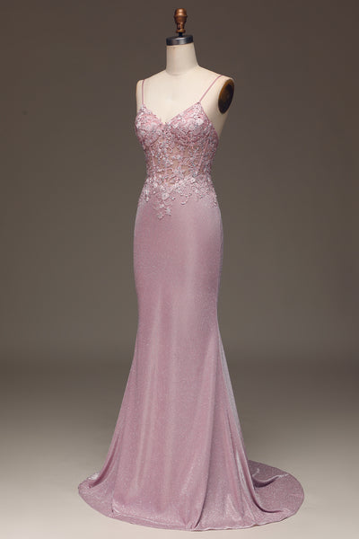 Zapaka Women Glitter Blush Prom Dress Mermaid Spaghetti Straps Long ...