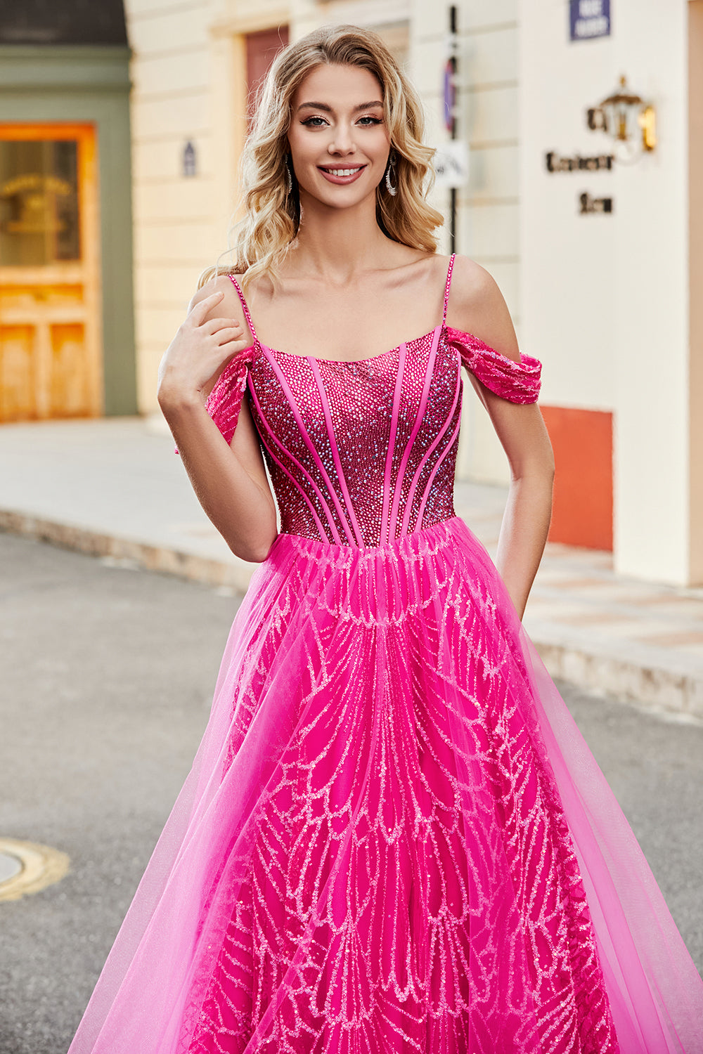 ZAPAKA Women Sparkly Hot Pink Corset Prom Dress with Beading A-Line Cold  Shoudler Evening Dress