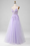 Sparkly Light Purple A-Line Spaghetti Straps Long Prom Dress With Beading