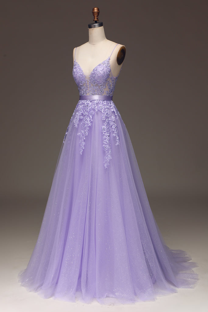 Spaghetti Straps Tulle Sparkle Purple A Line Prom Dress