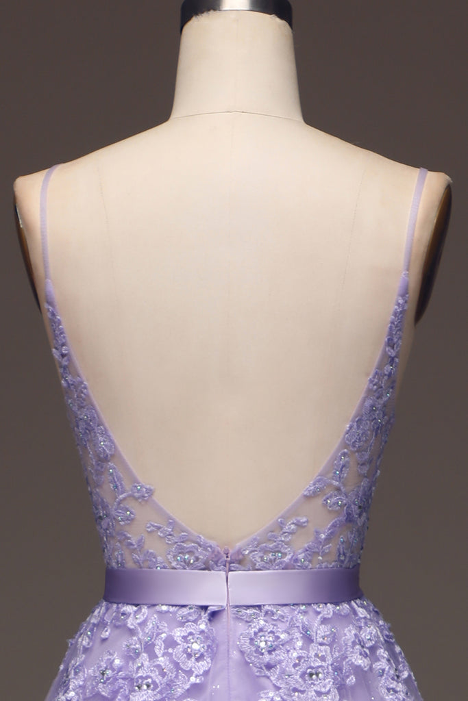 Charming A Line Spaghetti Straps Light Purple Long Ball Dress with Appliques