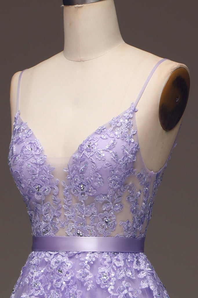 Dreamy Spaghetti Straps Purple Prom Dress Tulle Sequins Beads A-Line Evening Dress C8165