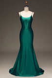 Satin Mermaid Lace-Up Back Dark Green Prom Dress with Corset