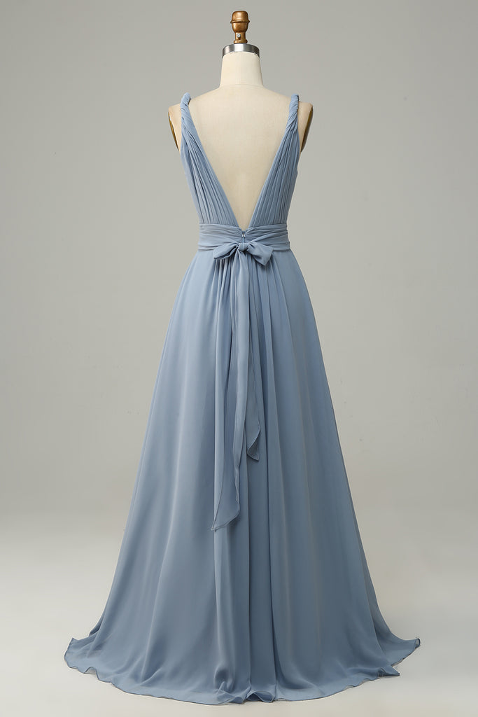 Zapaka Women Dusty Blue Long Bridesmaid Dress Deep V Neck A Line Formal
