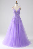 Lilac A-Line Spaghetti Straps Long Prom Dress with Appliques