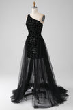 A-Line Black One Shoulder Sequins Prom Dress