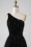 A-Line Black One Shoulder Sequins Prom Dress