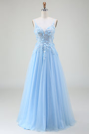 A-Line Light Blue Prom Dress with Appliques