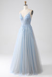 A-Line Spaghetti Straps Grey Blue Prom Dress with Beading