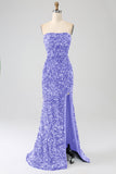 Royal Blue Mermaid Strapless Sequins Long Prom Dress With Slit