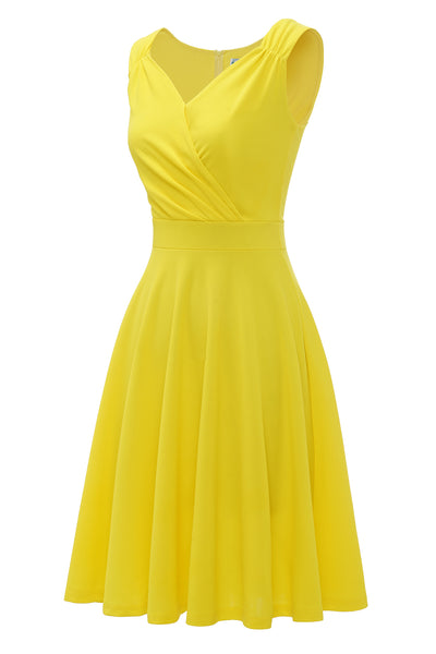 Zapaka Women 1950s Dress Yellow V Neck Sleeveless Vintage Swing Dress ...