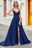 Royal Blue A Line Spaghetti Straps Long Backless Prom Dress with Appliques
