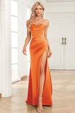 Fuchsia Mermaid Spaghetti Straps Satin Prom Dress with Split Front