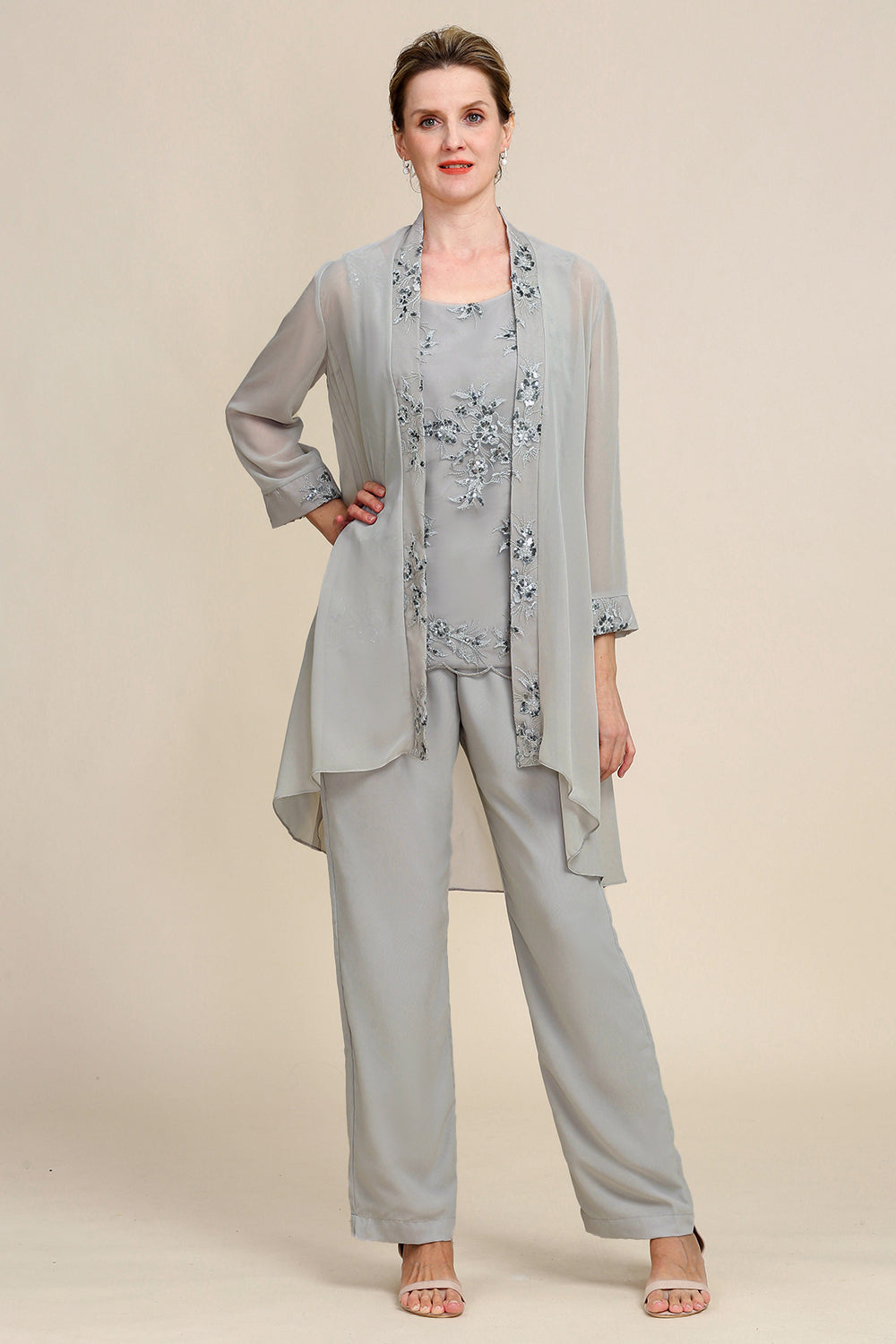 Zapaka Women Grey 3 Piece Mother of the Bride Pant Suits with Lace Chiffon  Formal Outfit Set – ZAPAKA
