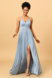 Dusty Blue A-Line Long Chiffon Bridesmaid Dress with Slit