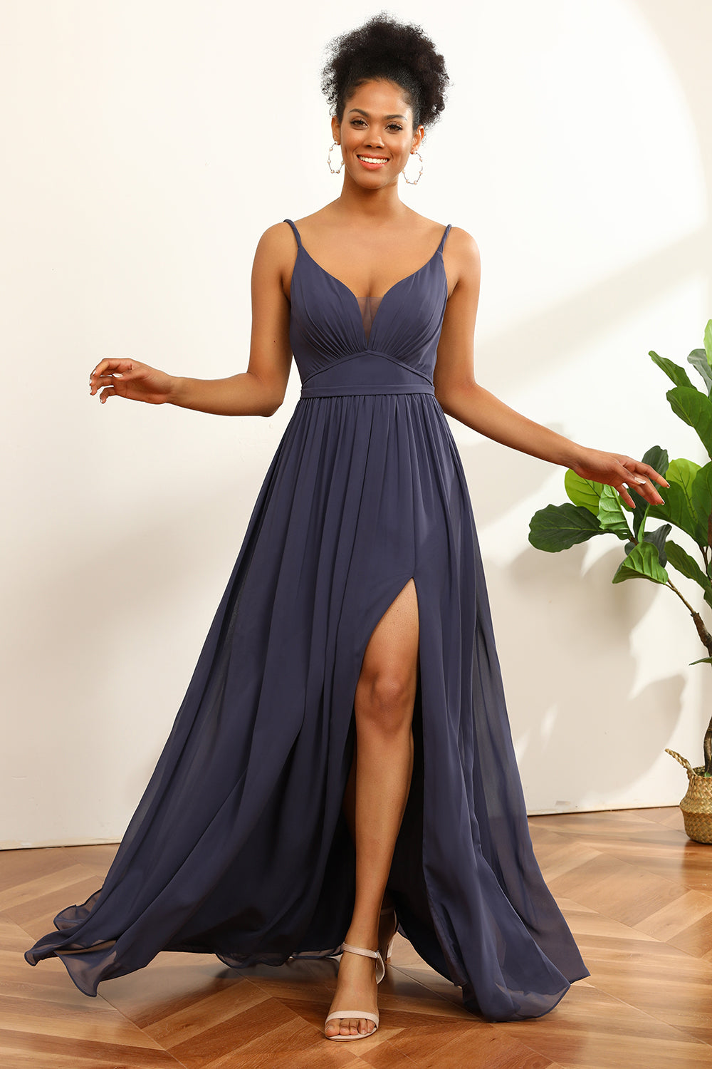 Dusty Blue Ruched Long Chiffon Bridesmaid Dress with Slit
