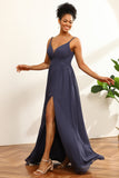 Dusty Blue Ruched Long Chiffon Bridesmaid Dress with Slit