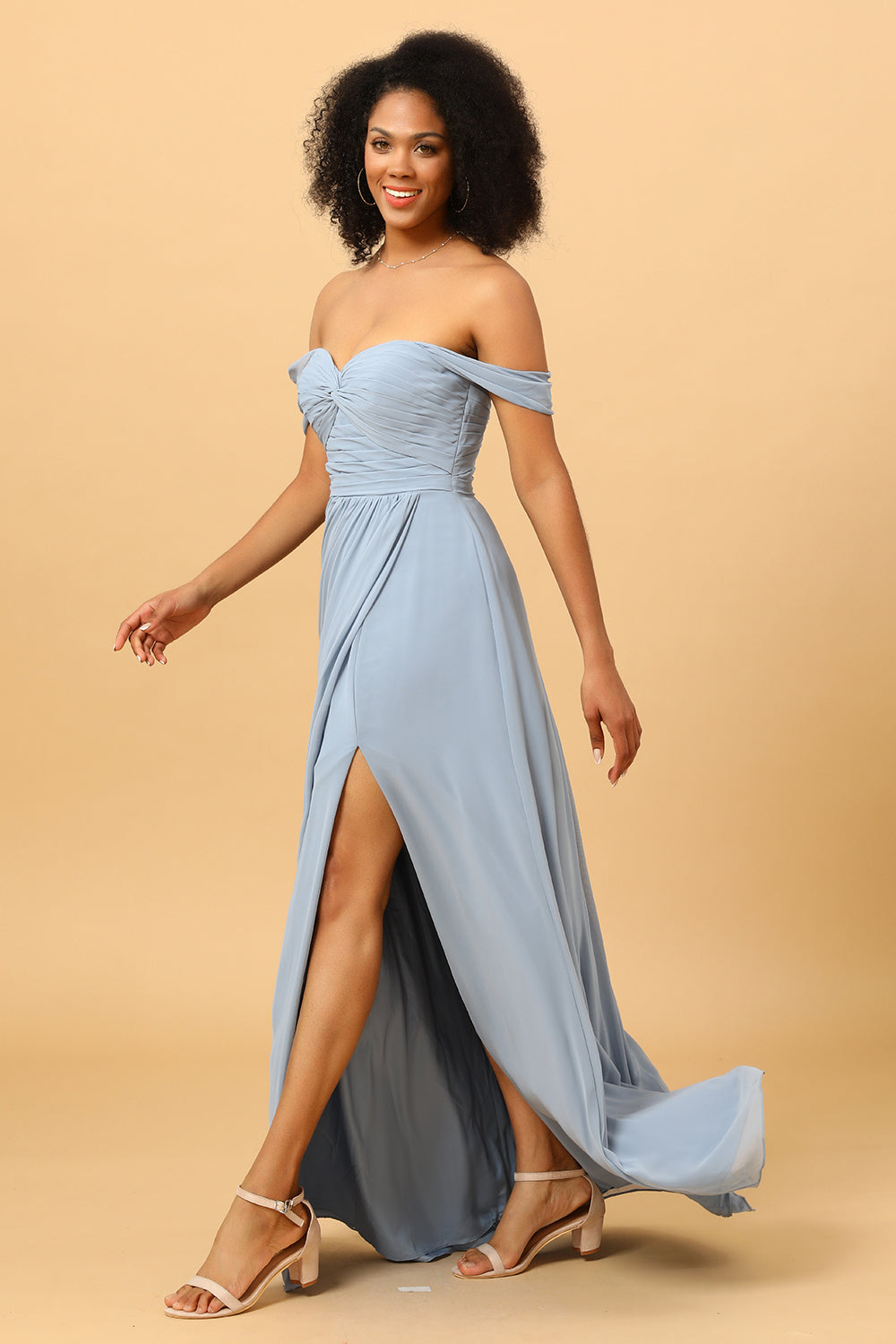 Off Shoulder Chiffon Blue Bridesmaid Dress with Slit
