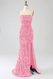 Pink Mermaid Strapless Sequins Long Prom Dress With Slit
