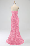 Pink Mermaid Strapless Sequins Long Prom Dress With Slit