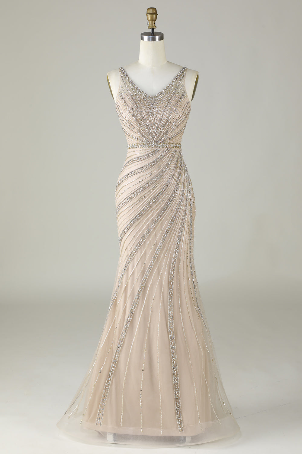 Sparkly Champagne Beaded Mermaid Long Prom Dress with Wrap