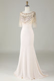 Sparkly Champagne Boat Neck Beaded Mermaid Long Prom Dress