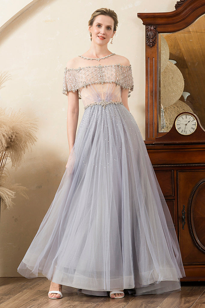Grey A Line Beading Sparkly Mother of Bride Dress