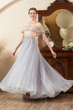 Grey Tulle A Line Beaded Glitter Mother of Bride Dress