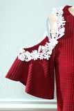 Dark Red Off the Shoulder Knitted Dress with Appliques