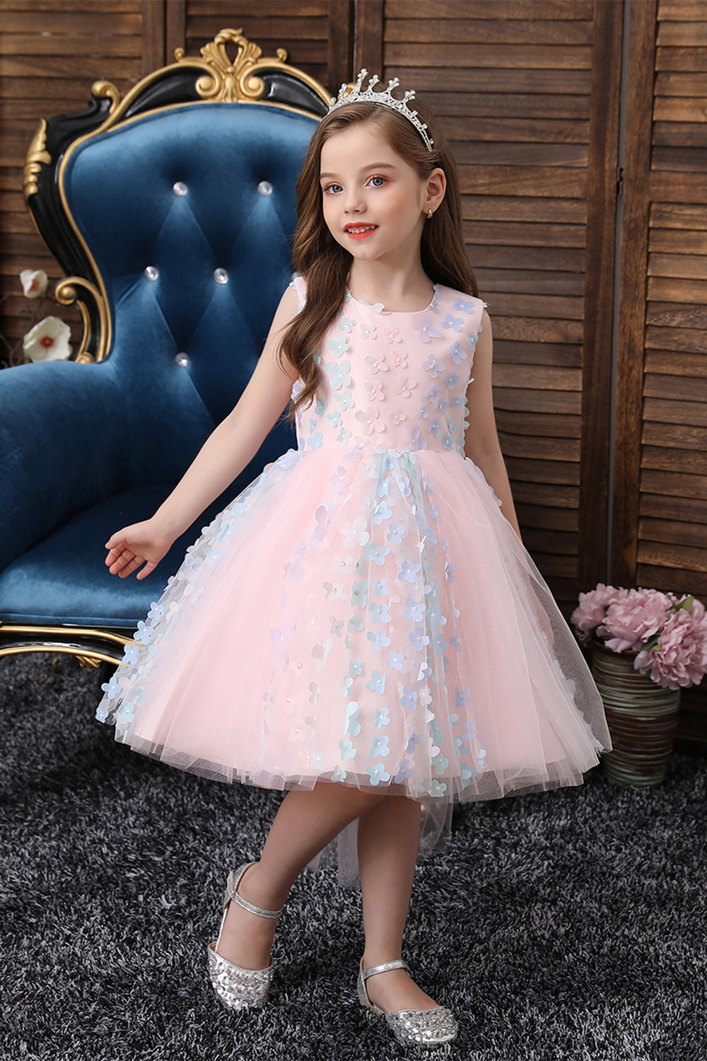 Pink High Low Flower Girl Dress with Bowknot