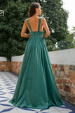 Green Deep V Neck Long Bridesmaid Dress