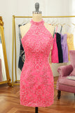 Pink Open Back Halter Lace Tight Homecoming Dress