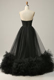 A Line Sweetheart Black Corset Prom Dress with Ruffled